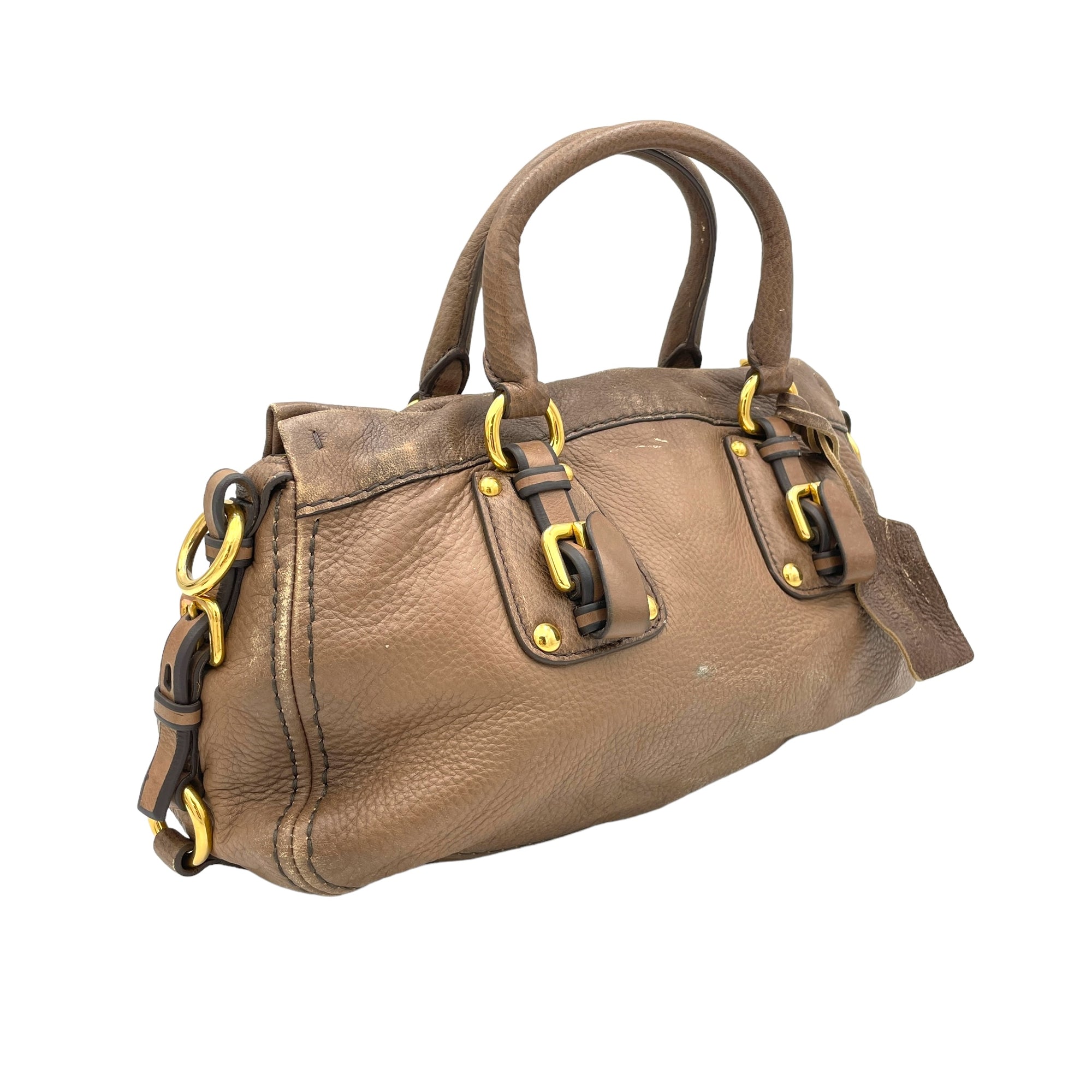 Logo Two way Brown Top Handle Bag in Deerskin, Gold hardware