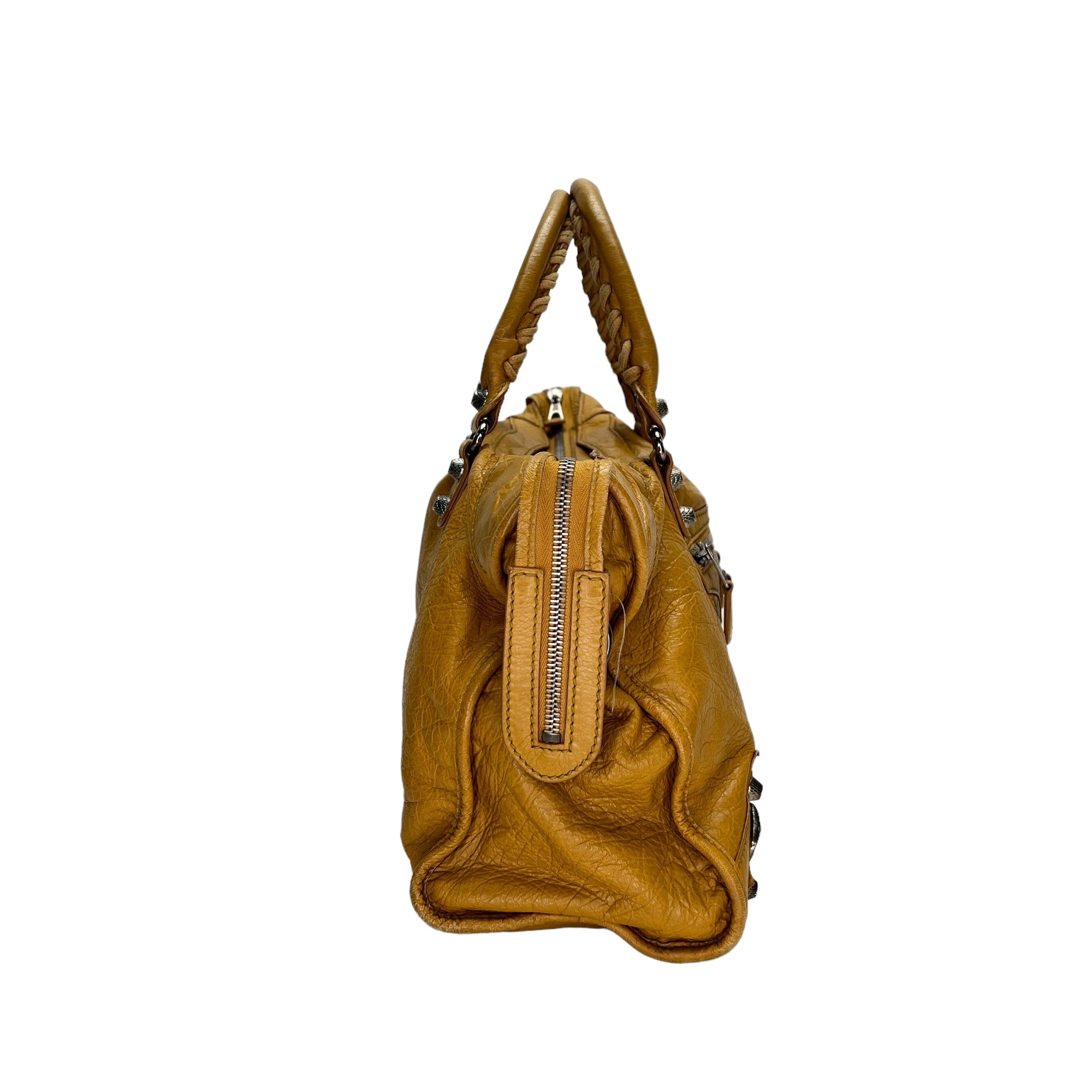 City Medium Yellow Shoulder Bag in Distressed Leather, Silver hardware