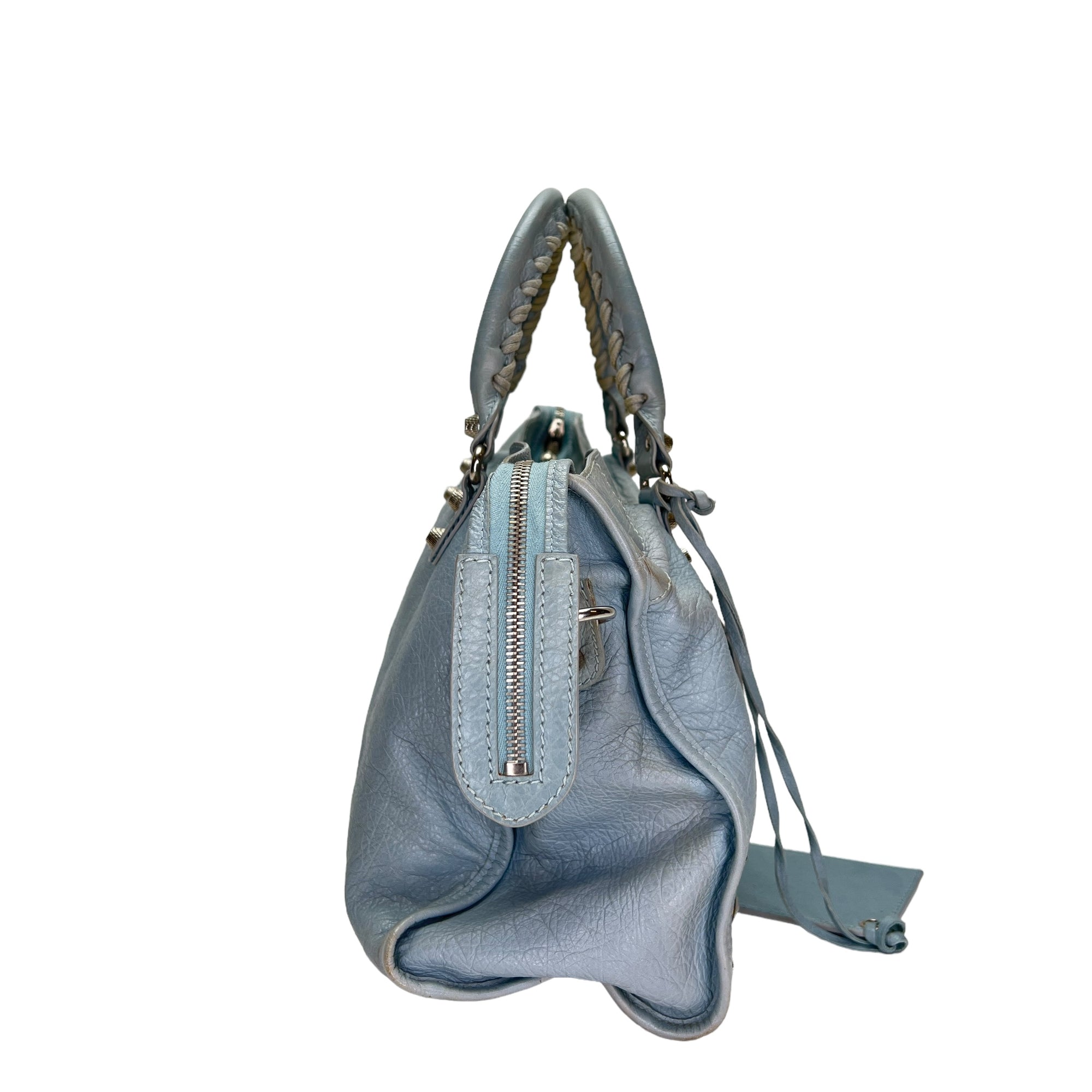 City Medium Blue Shoulder Bag in Distressed Leather, Silver hardware