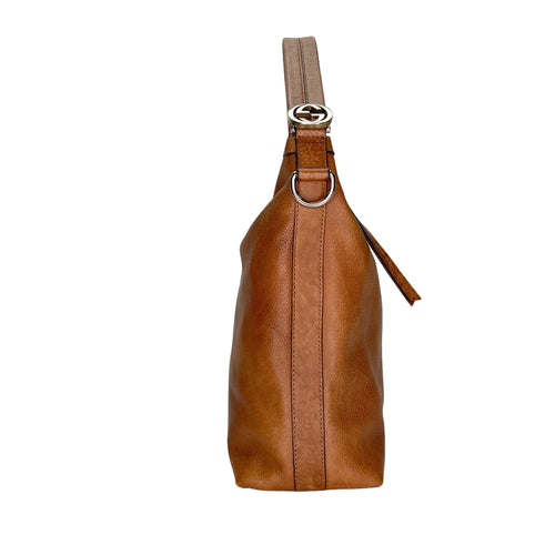 hobo Brown Shoulder Bag in Calfskin, Silver hardware