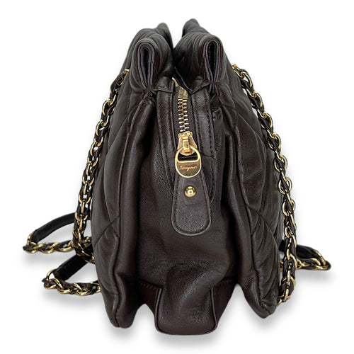 Vara Bow Brown Shoulder Bag in Calfskin, Gold hardware