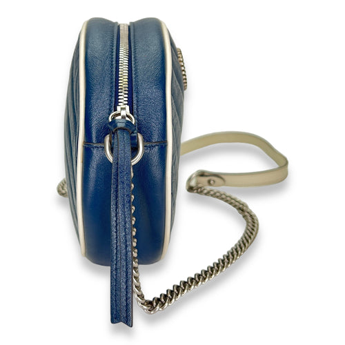 GG Marmont Round Navy Crossbody Bag in Calfskin, Silver hardware