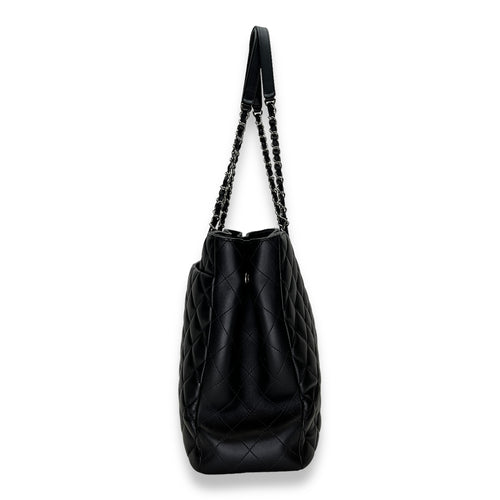 Quilted Black Tote Bag in Calfskin, Silver hardware