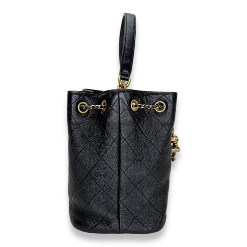 Quilted Drawstring Black Bucket Bag in Calfskin, Gold hardware