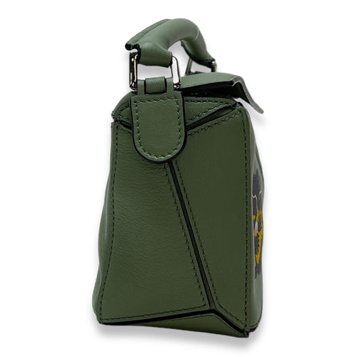 Joe Brainard Pansies Puzzle Mini Green Crossbody Bag in Calfskin, Silver hardware