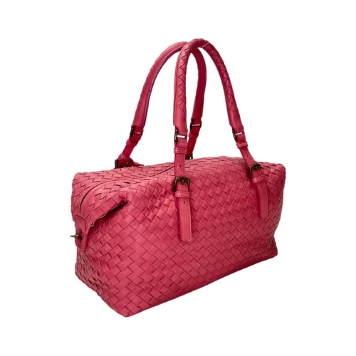 Boston Pink Top Handle Bag in Intrecciato Leather, Brushed Gold hardware