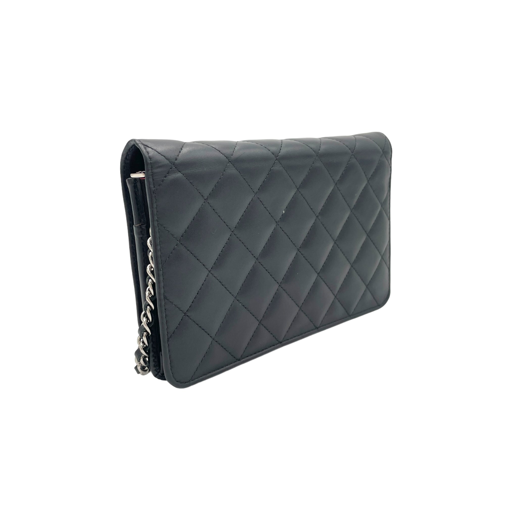 Cambon Black Wallet On Chain in Calfskin, Silver hardware