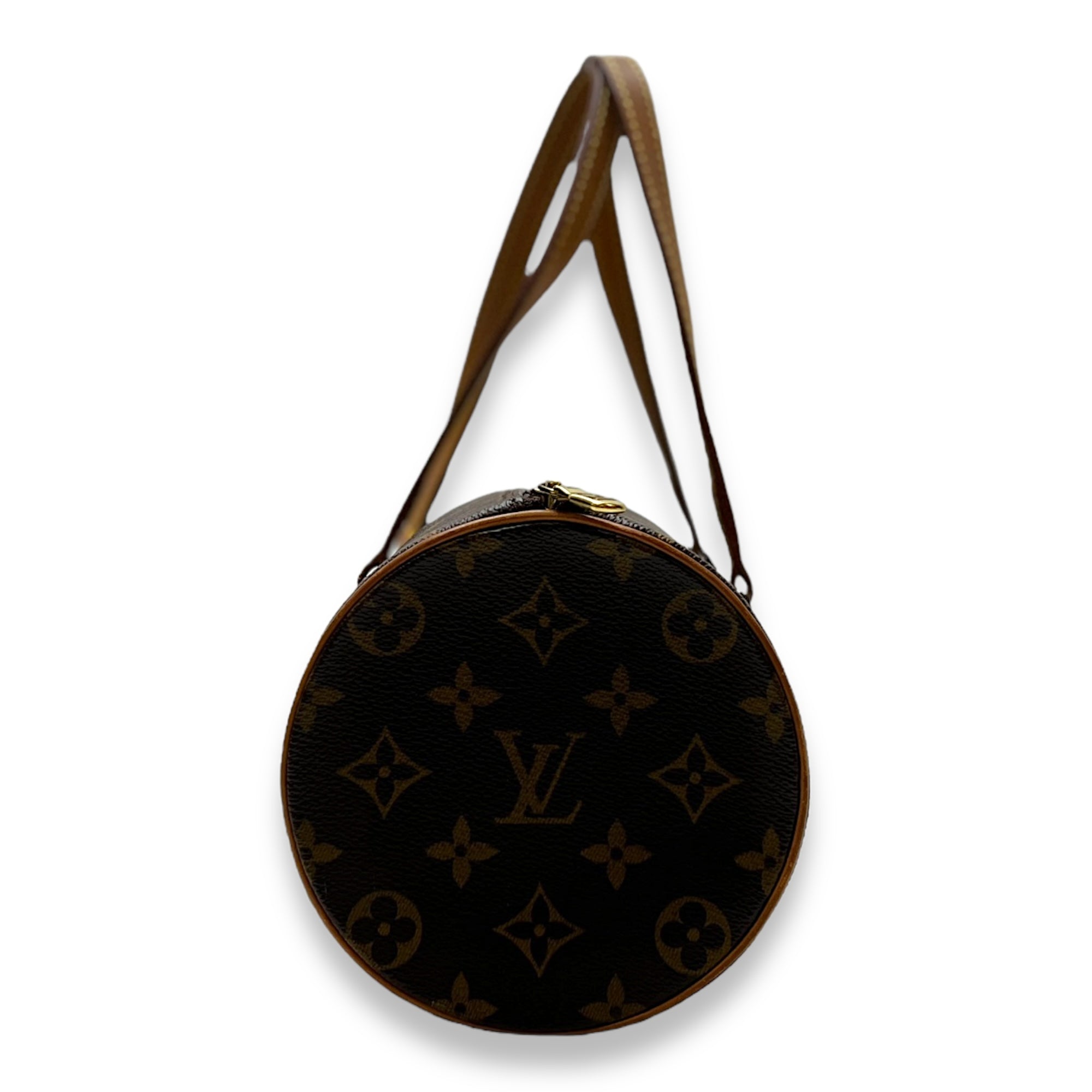 Papillon 28 Brown Top Handle Bag in Monogram Coated Canvas, Gold hardware