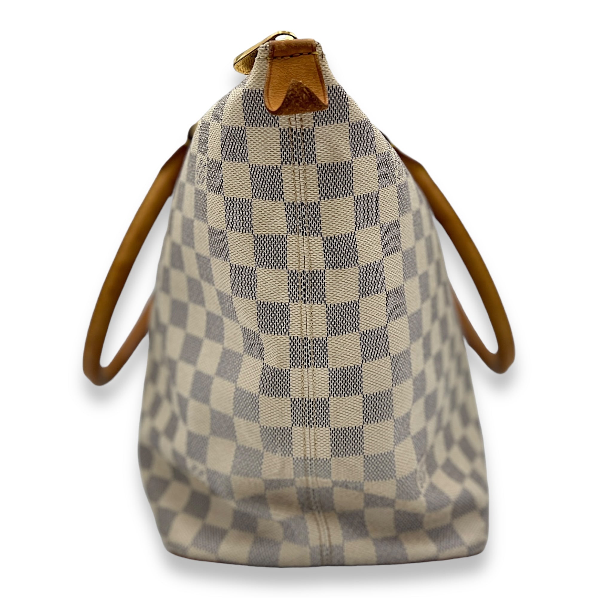 Saleya MM Damier Azur Top Handle Bag in Coated Canvas, Gold hardware