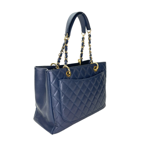 GST Grand Shopping Tote Medium Blue Tote Bag in Caviar Leather, Gold hardware