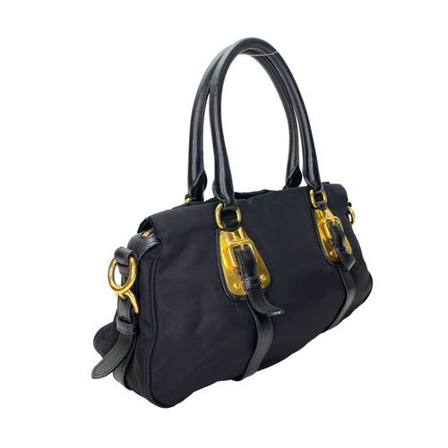 Two-Way Black Top Handle Bag in Nylon, Gold hardware