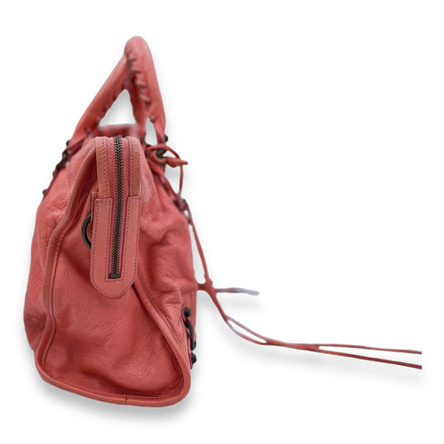 City Medium Pink Top Handle Bag in Distressed Leather, Gunmetal hardware