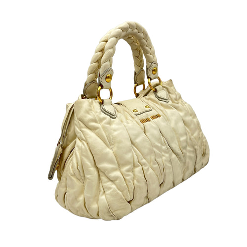 Matelassé White Top Handle Bag in Lambskin, Gold hardware