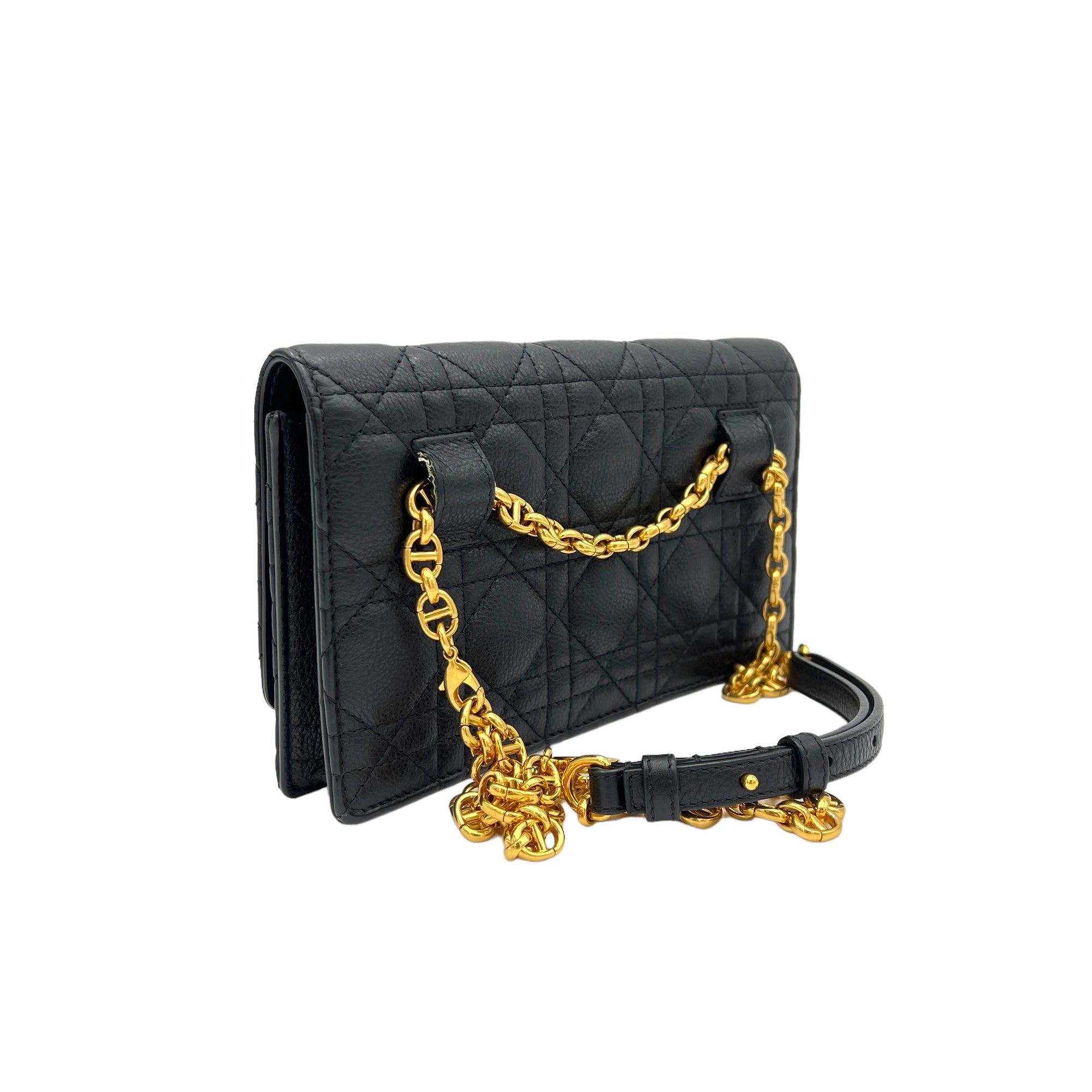 Caro Black Wallet On Chain in Calfskin, Gold hardware