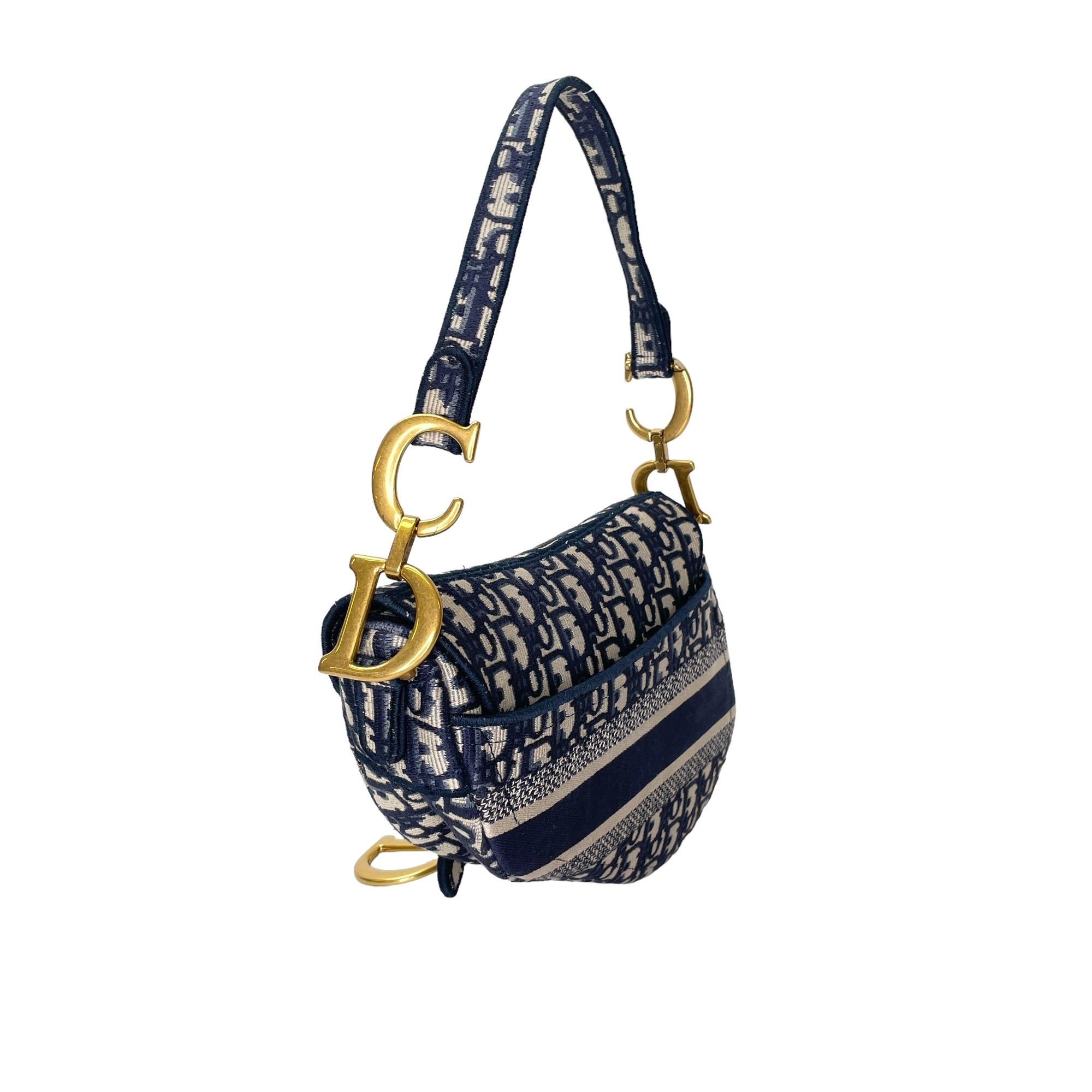 Saddle Medium Blue Top Handle Bag in Jacquard, Gold hardware