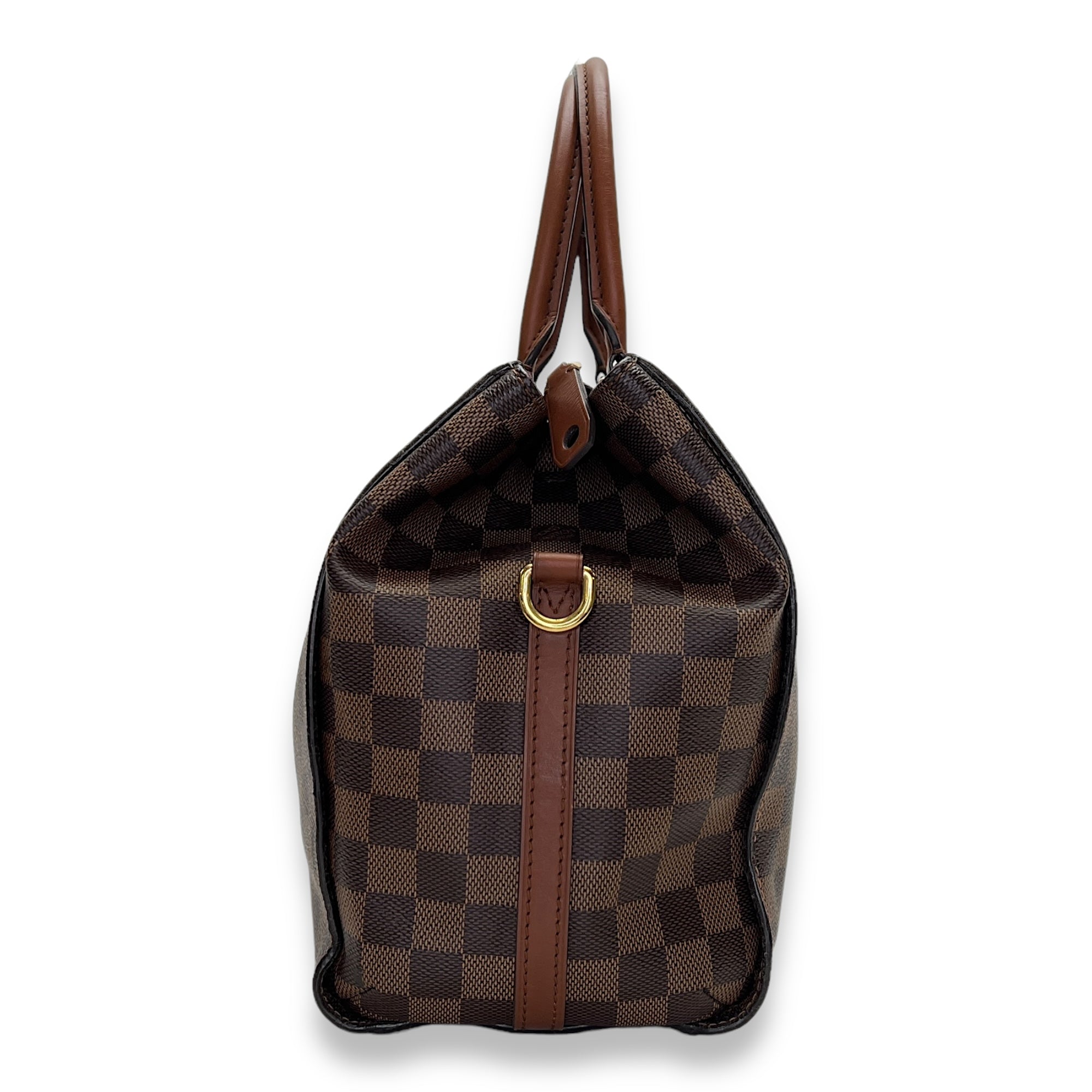 Greenwich Damier Ebene Brown Top Handle Bag in Coated Canvas, Gold hardware