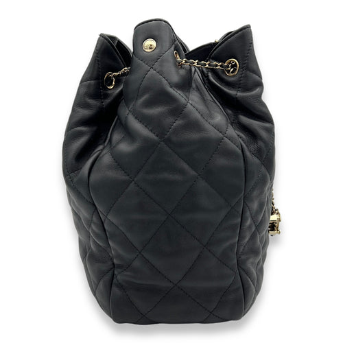 Bucket Black Shoulder Bag in Calfskin, Gold hardware