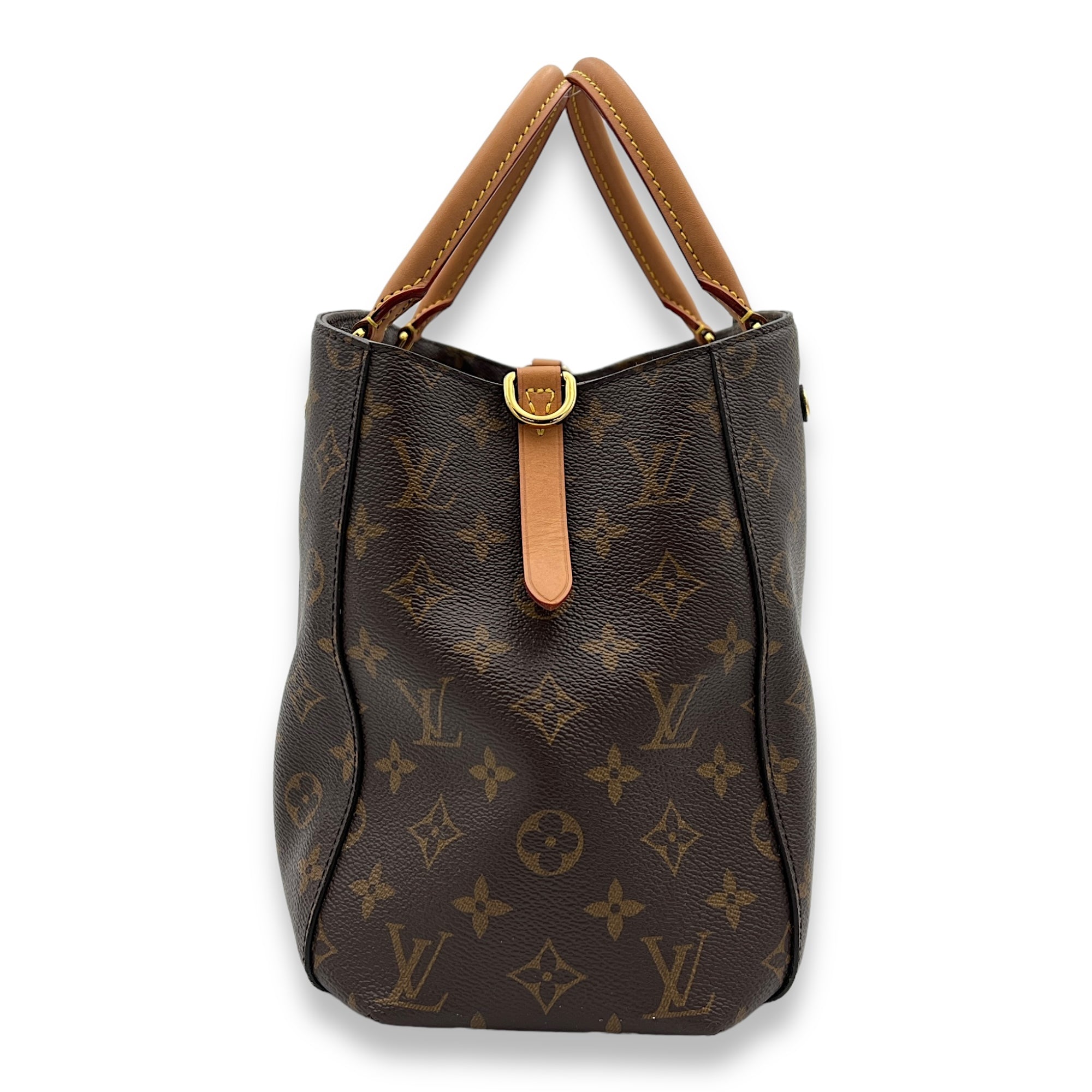 Montaigne Brown Top Handle Bag in Monogram Coated Canvas, Gold hardware