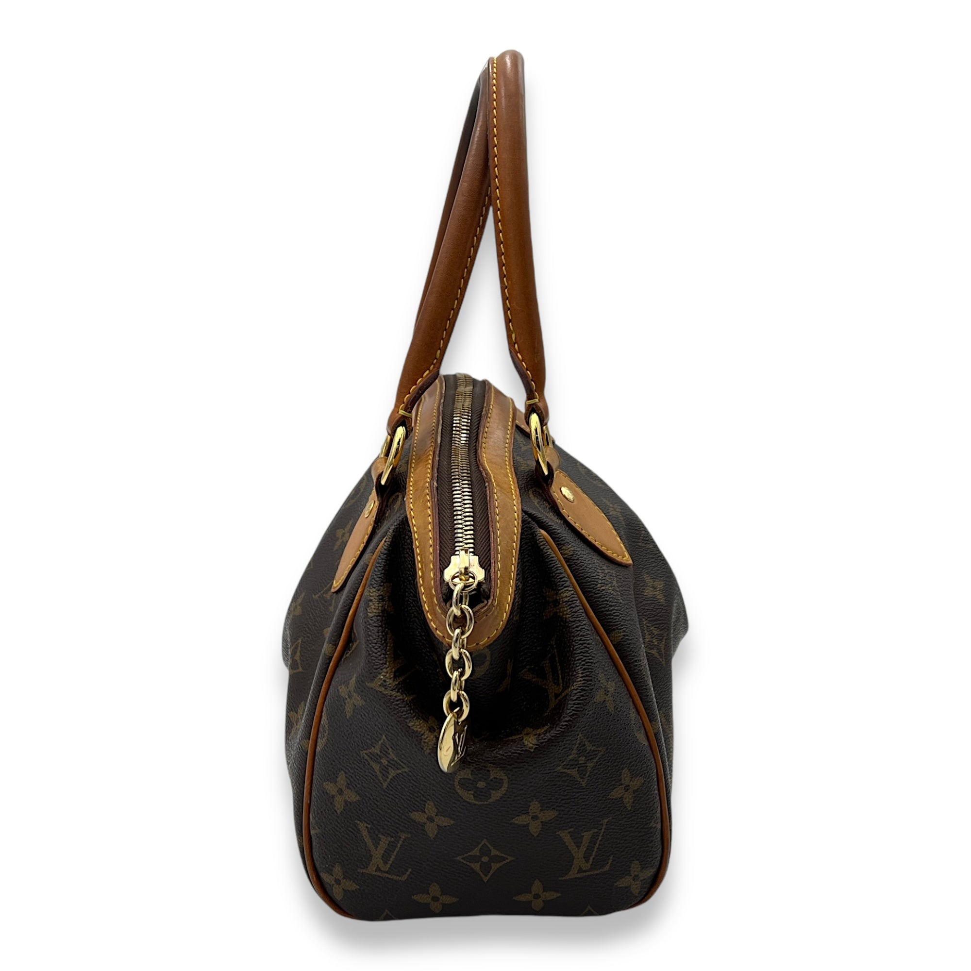 Tivoli PM Brown Top Handle Bag in Monogram Coated Canvas, Gold hardware