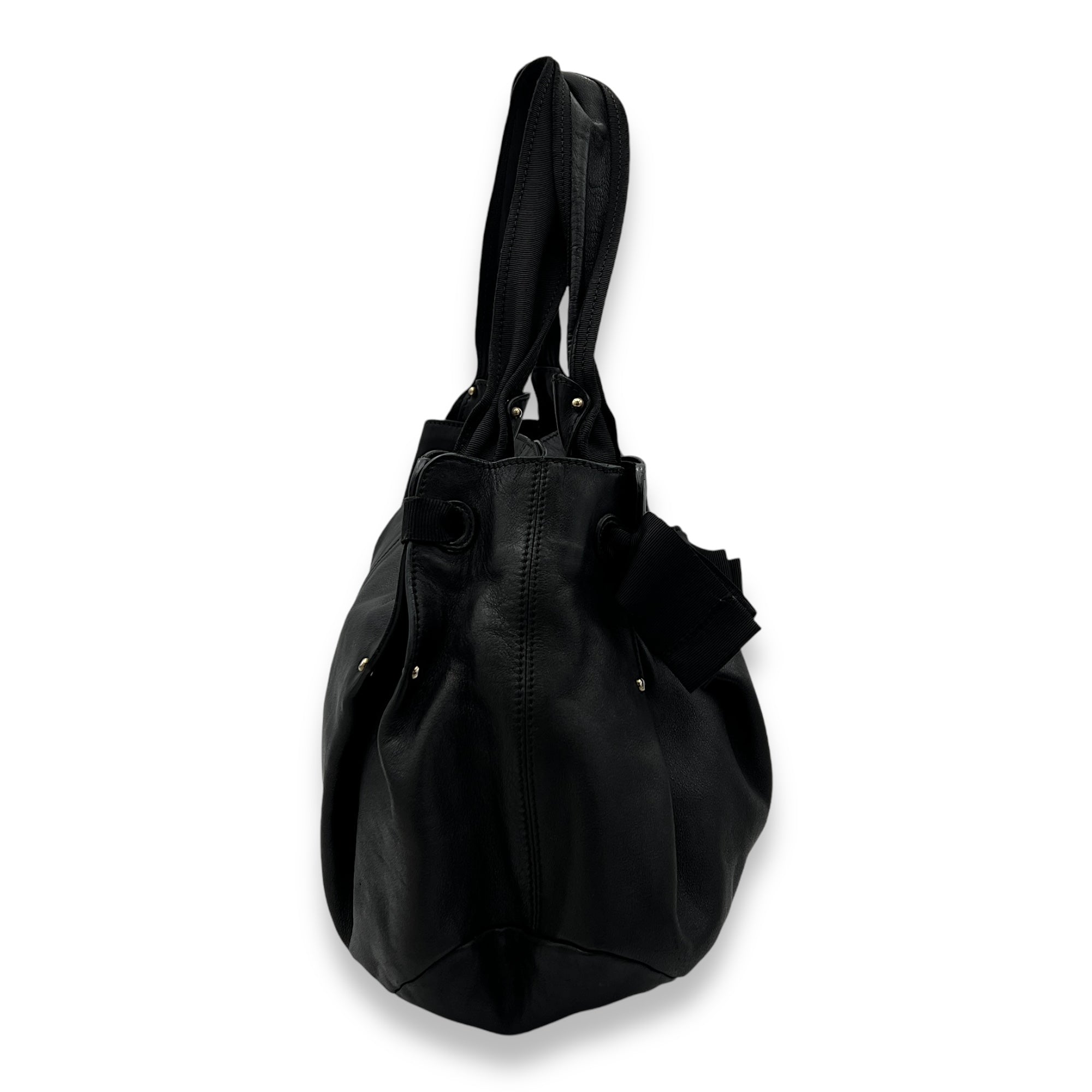 Bow Black Top Handle Bag in Calfskin, Silver hardware