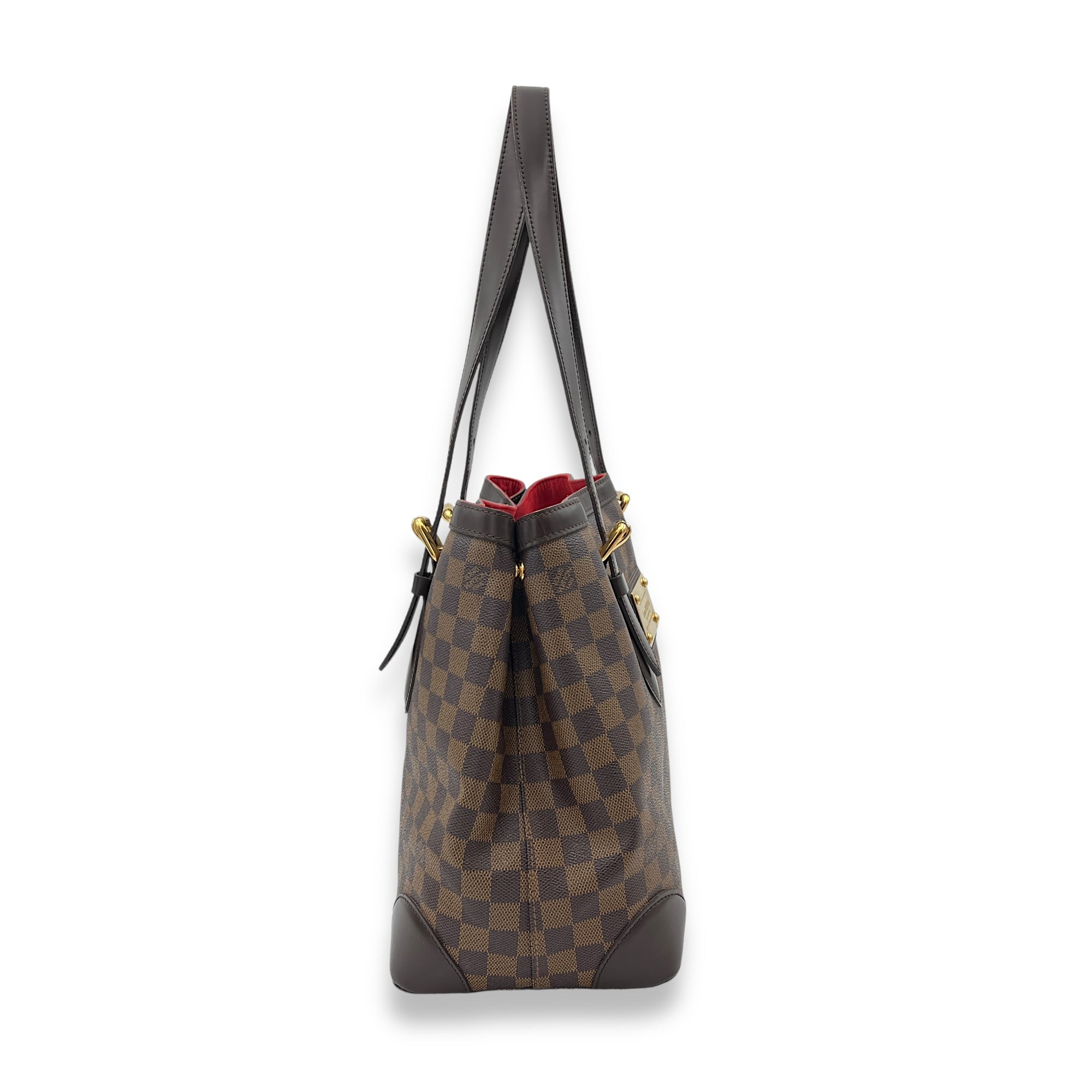 Hampstead MM Brown Top Handle Bag in Damier Ebene, Gold hardware