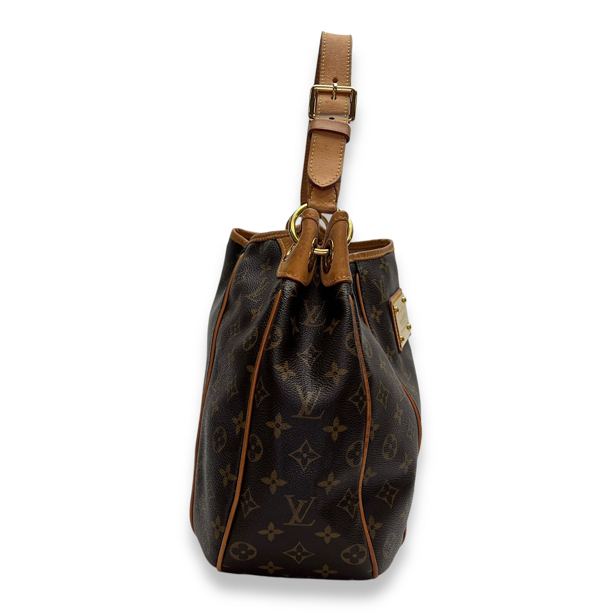 Galliera PM Brown Shoulder Bag in Monogram Coated Canvas, Gold hardware