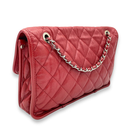 French Riviera Red Shoulder Bag in Caviar Leather, Silver hardware