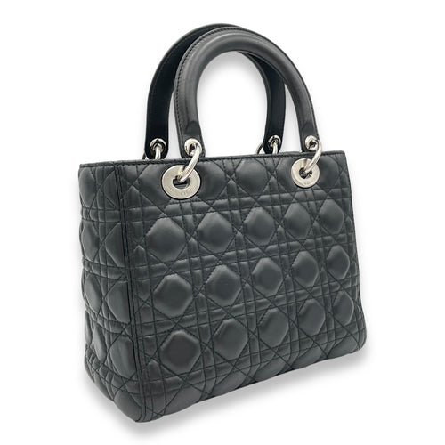 Lady Dior Top Handle Bag Medium Black in Lambskin, Silver hardware