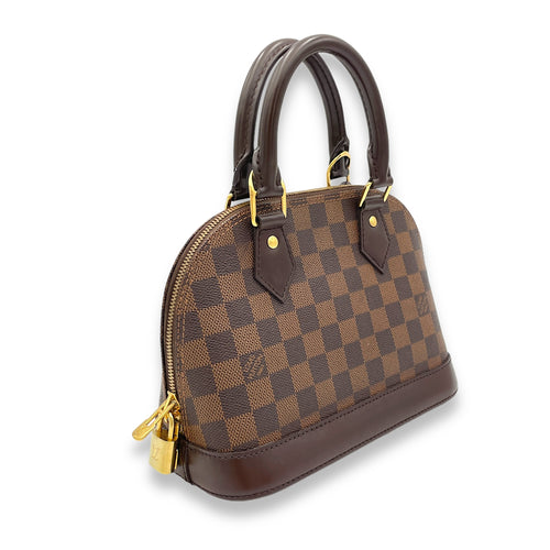 Alma BB Damier Ebene Top Handle Bag in Coated Canvas, Gold hardware