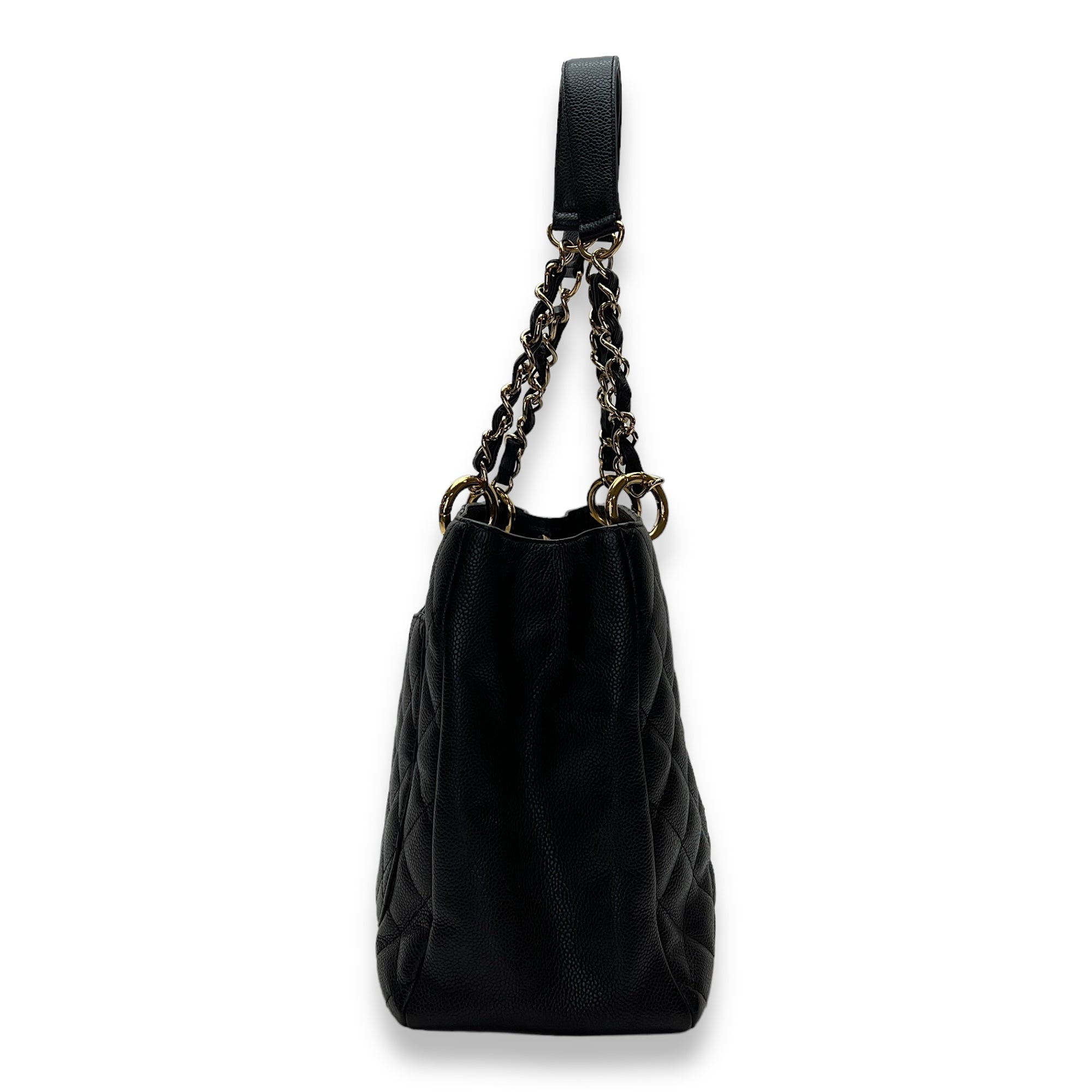 GST Grand Shopping Tote Large Black Shoulder Bag in Caviar Leather, Gold hardware