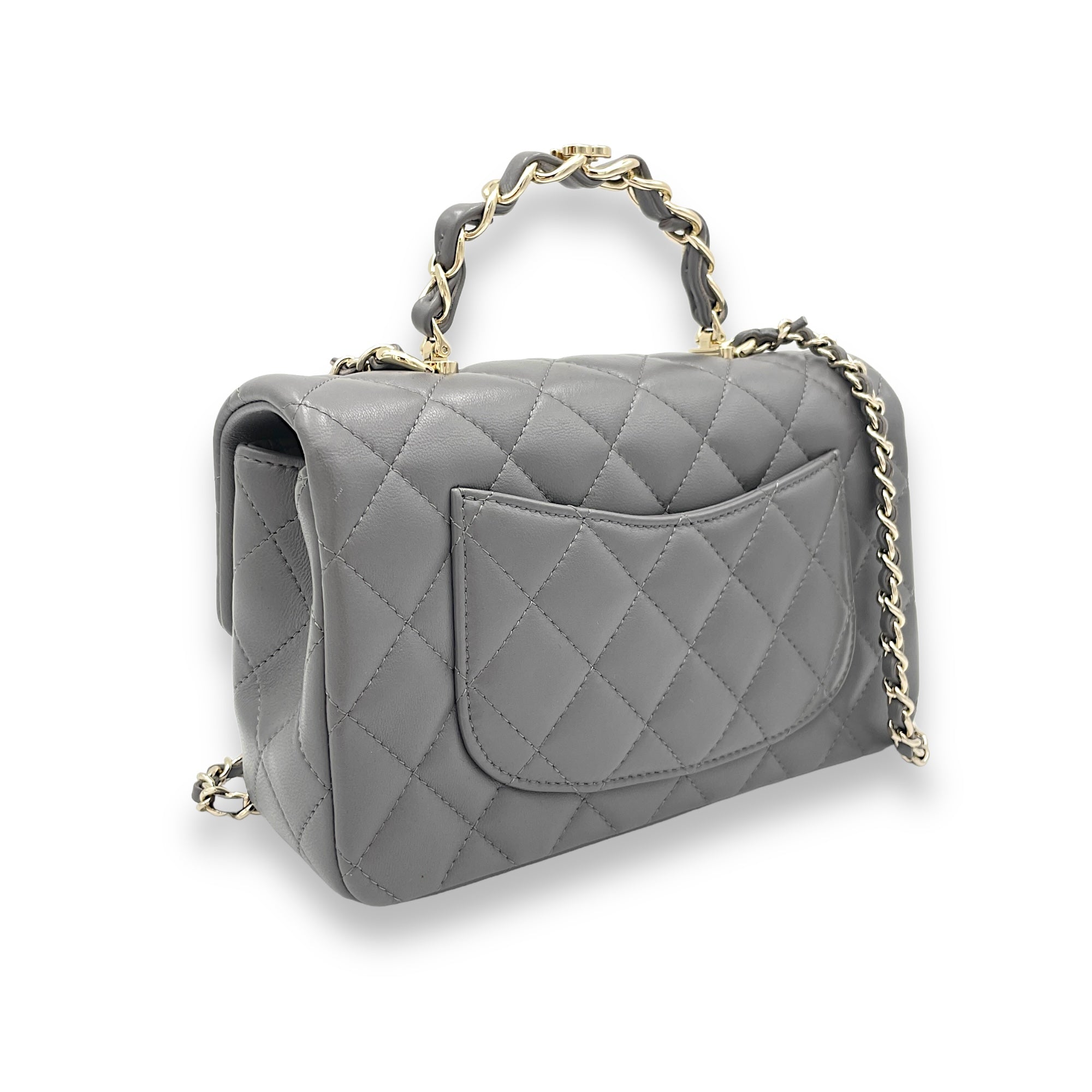 Classic Flap Rectangle Grey Top Handle Bag in Lambskin, Light Gold hardware