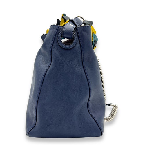 V Bucket Navy Shoulder Bag in Calfskin, Silver hardware