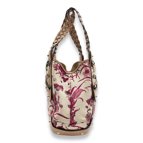 Floral Multi-colour Top Handle Bag in Canvas, Light Gold hardware