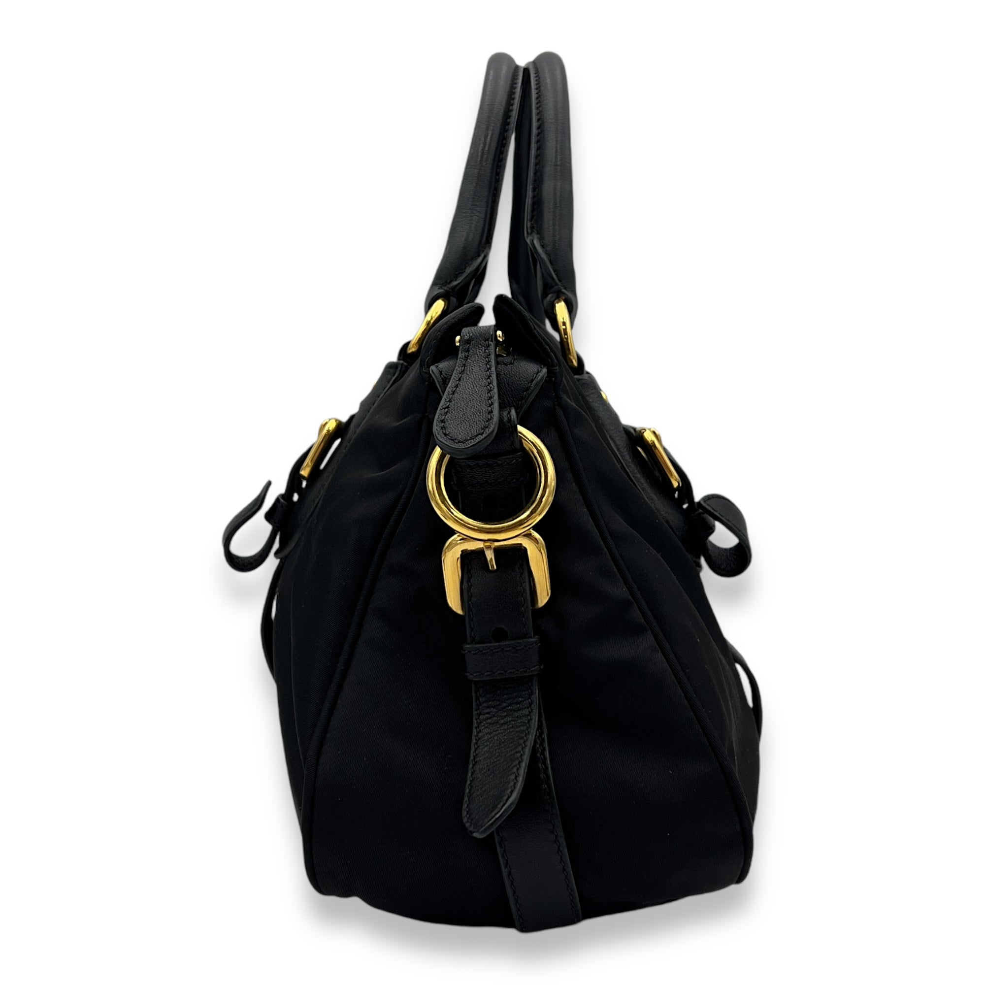 Two-Way Black Top Handle Bag in Nylon, Gold hardware