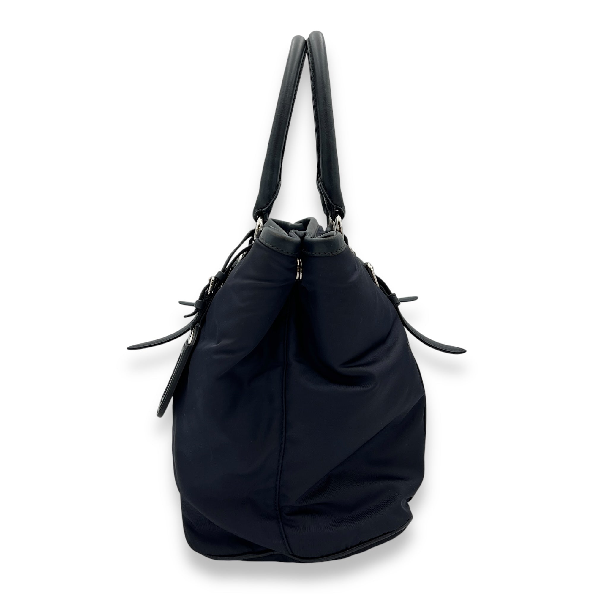 Two-Way Blue Top Handle Bag in Nylon, Silver hardware