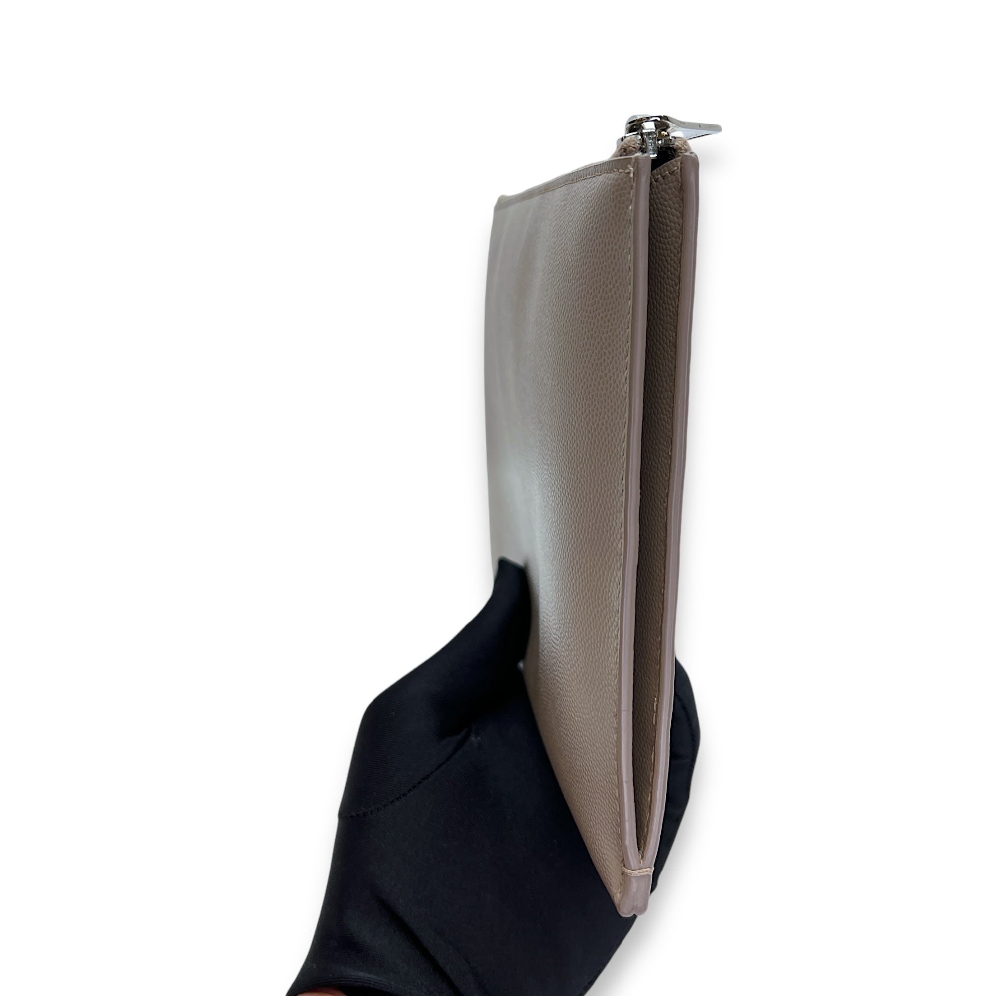 Paris Zipped Beige Pouch in Calfskin, Silver hardware