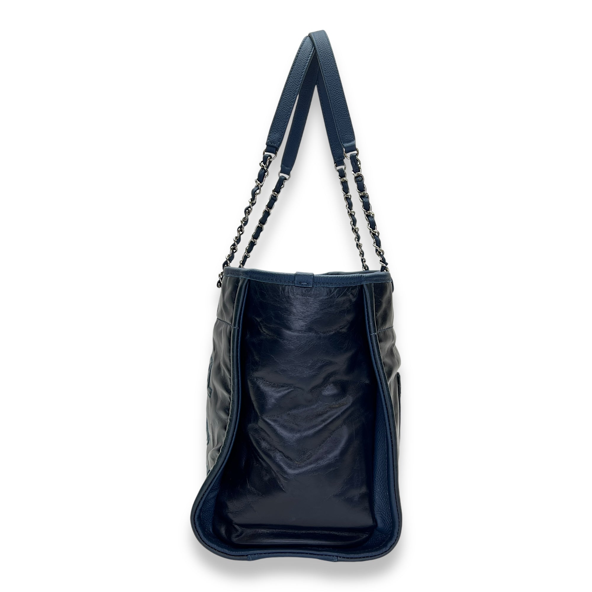 Deauville Medium Blue Tote Bag in Calfskin, Silver hardware