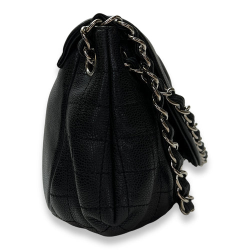 Half Moon Black Shoulder Bag in Caviar Leather, Silver hardware