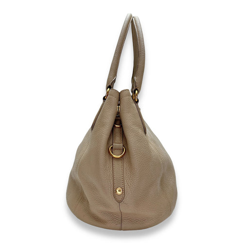 Logo Beige Top Handle Bag in Calfskin, Gold hardware