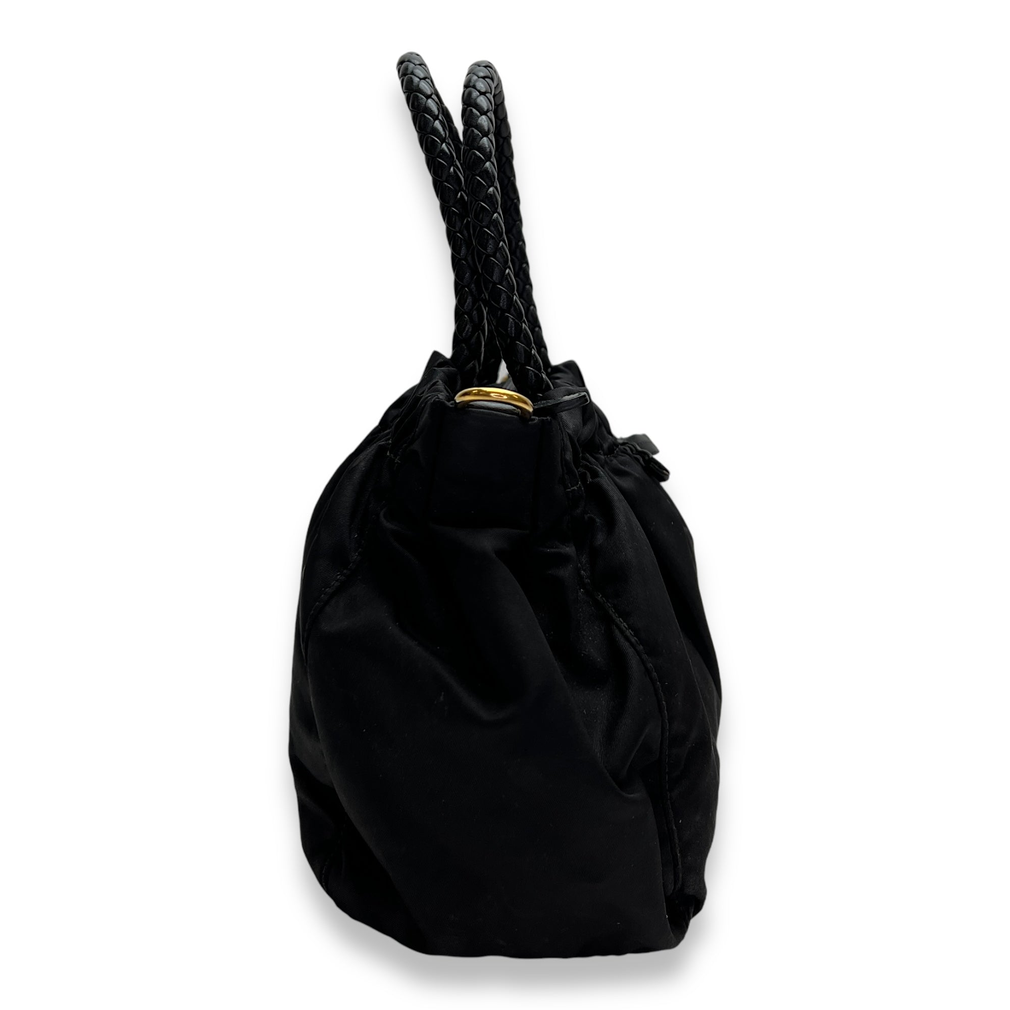 Braided Top Handle Bag Black in Nylon, Gold hardware