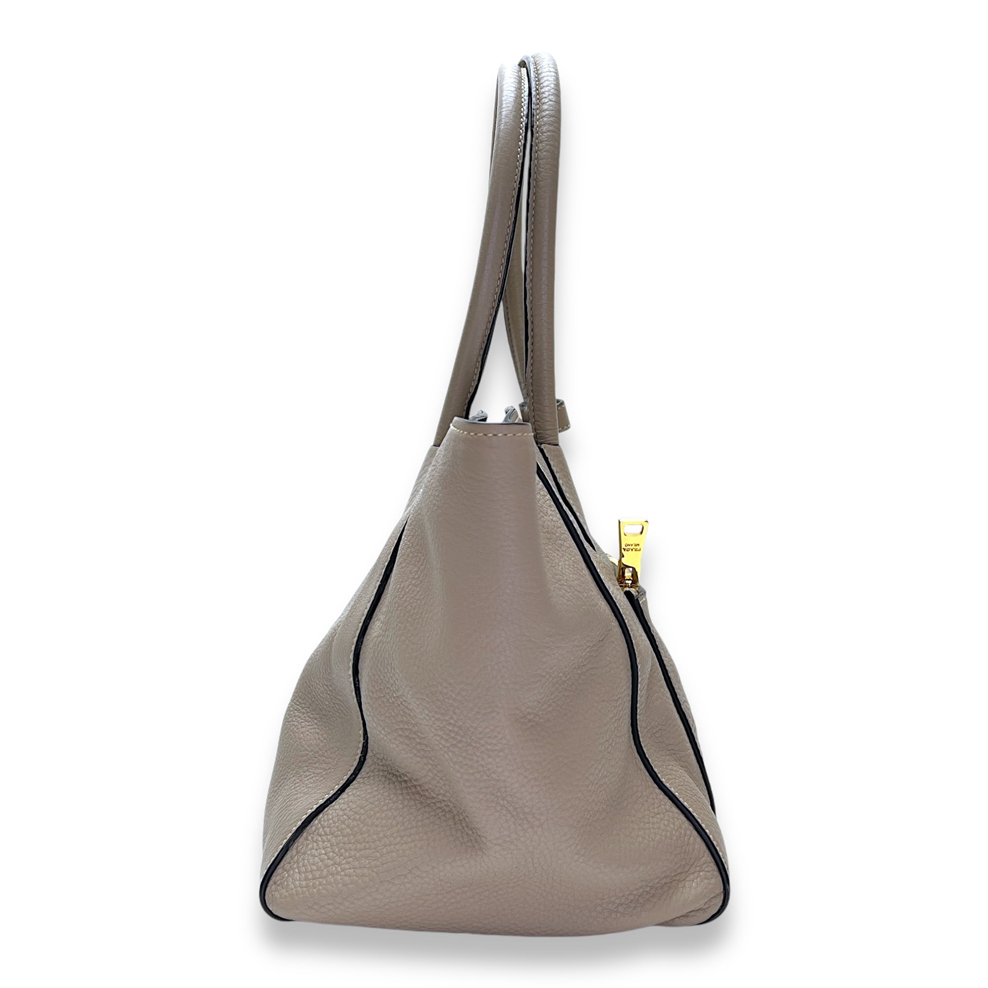 Logo Top Handle Bag Beige in Calfskin, Gold hardware