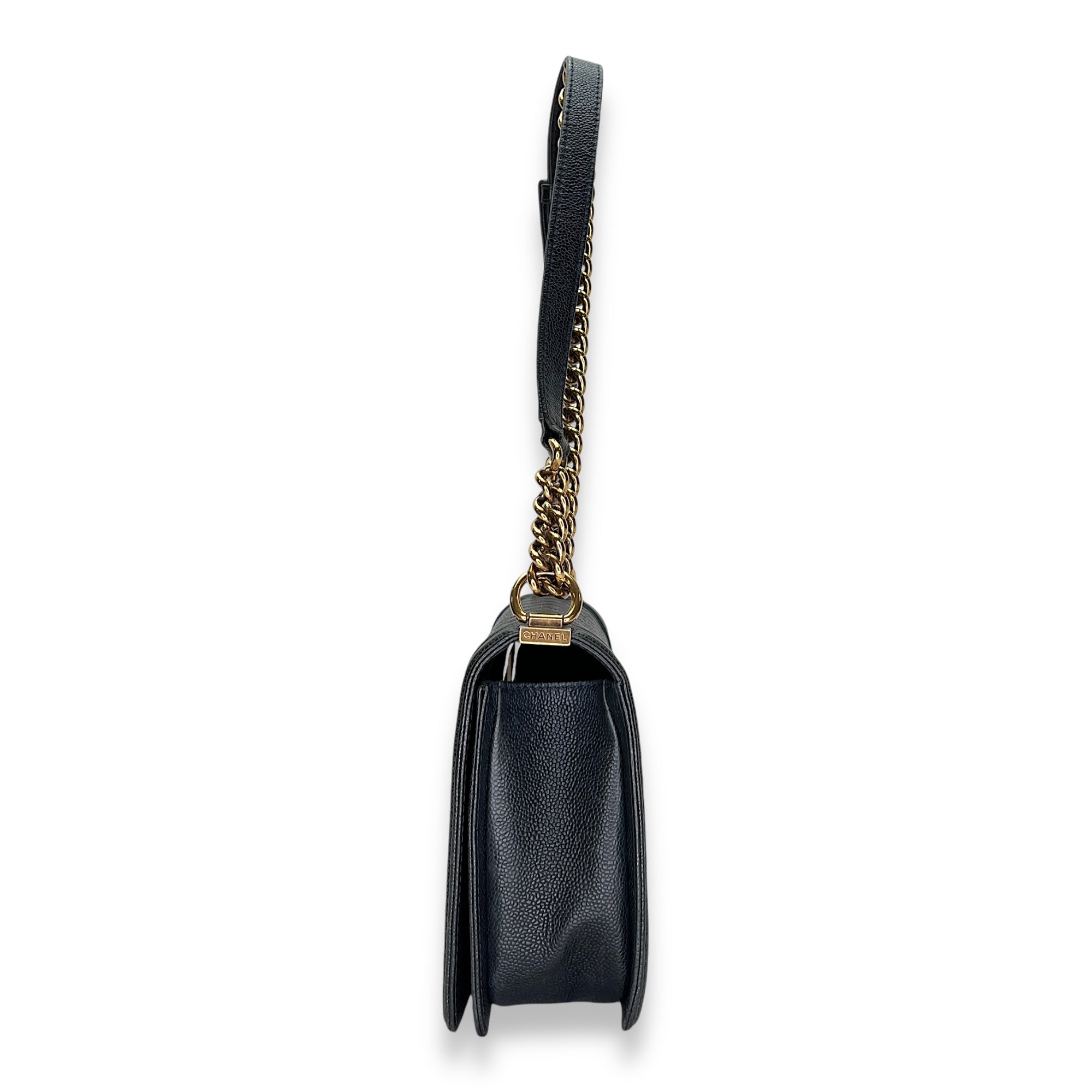 Boy Medium Navy Shoulder Bag in Caviar Leather, Gold hardware