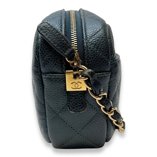 Camera Blue Crossbody Bag in Caviar Leather, Gold hardware