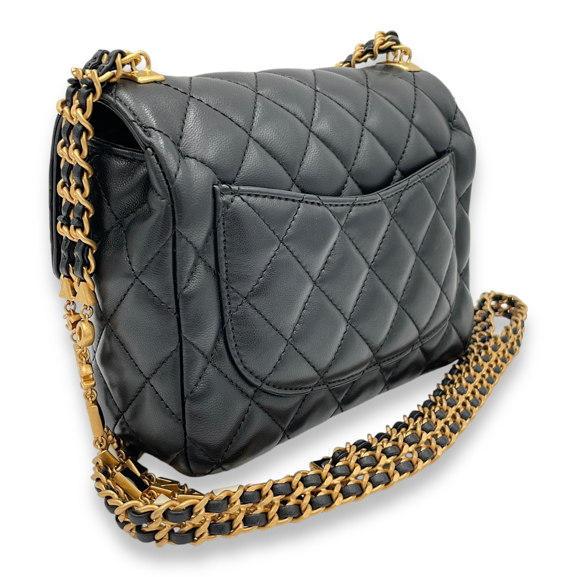 Square Flap Chain Black Crossbody Bag in Lambskin, Gold hardware