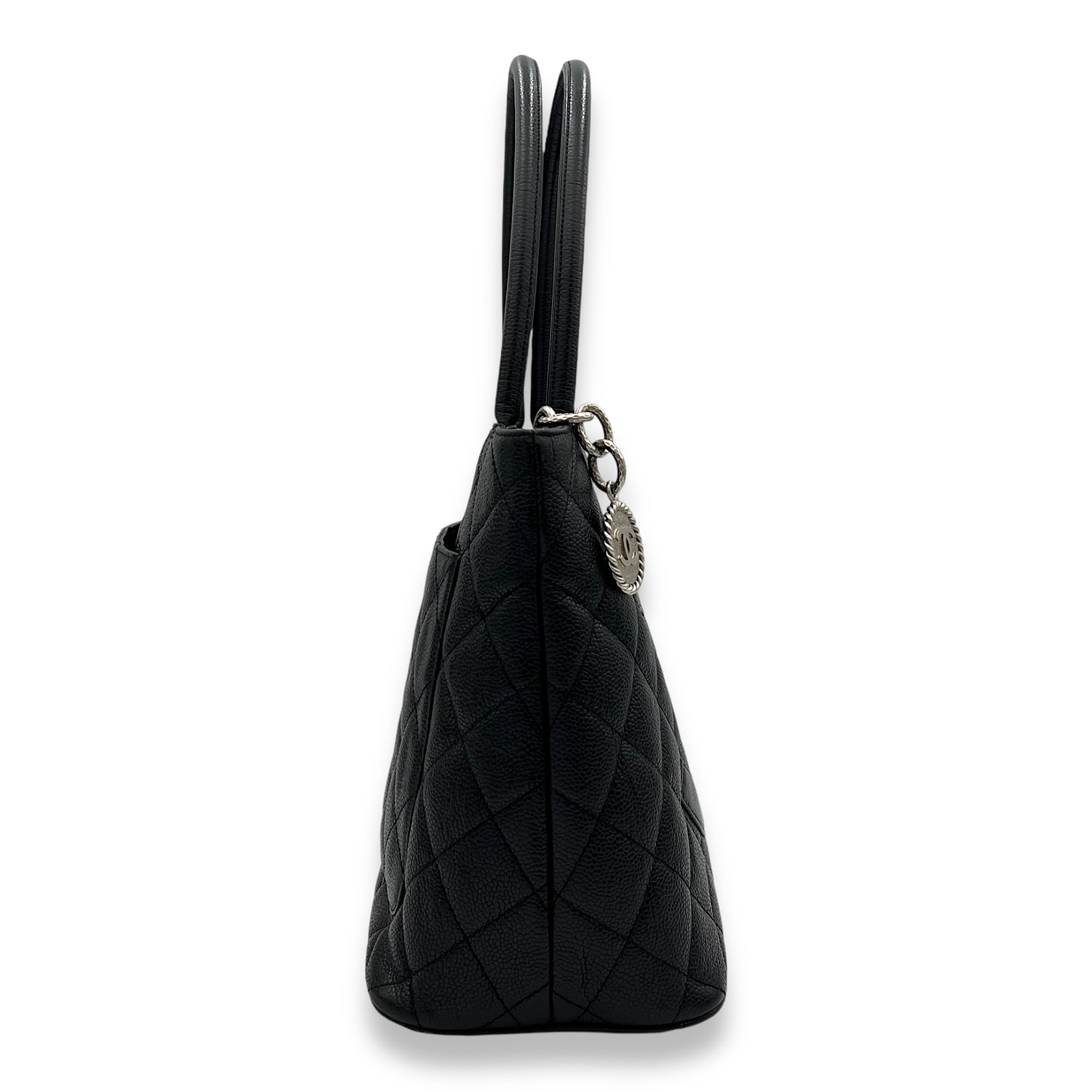 Medallion Tote Bag Black in Caviar Leather, Silver hardware