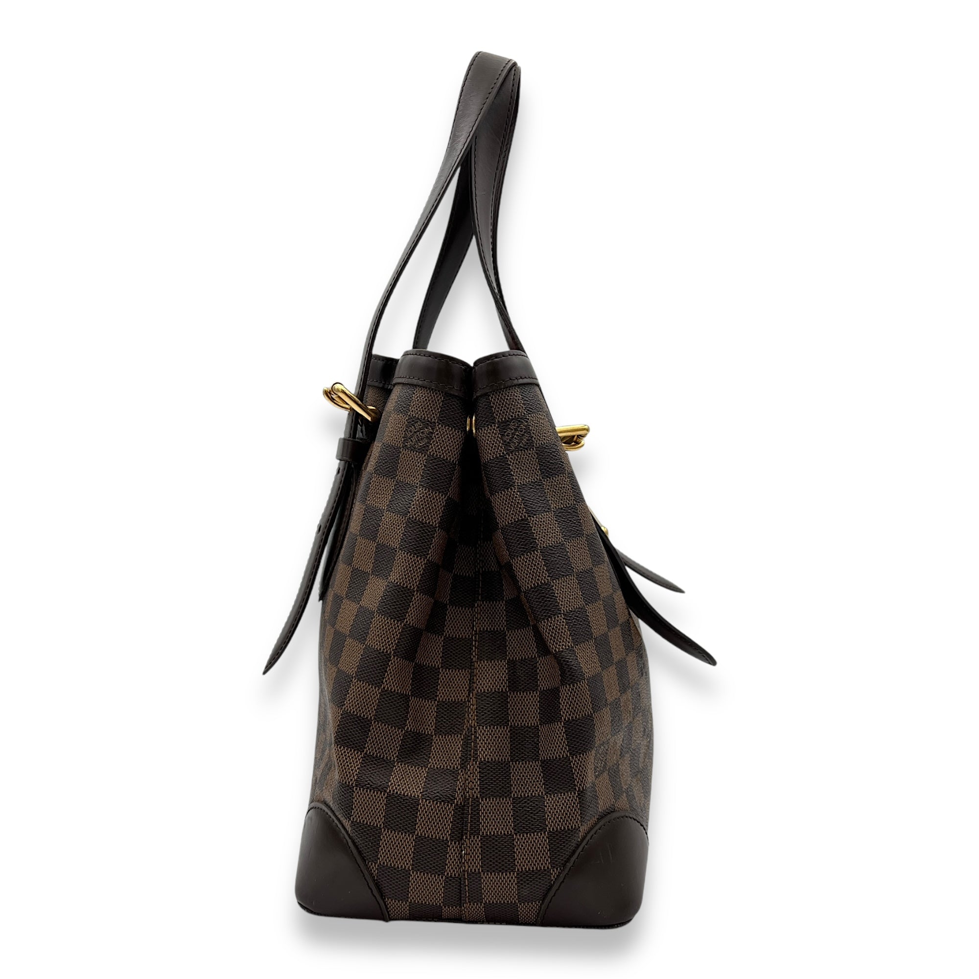 Hampstead MM Damier Ebene Top Handle Bag in Coated Canvas, Gold hardware