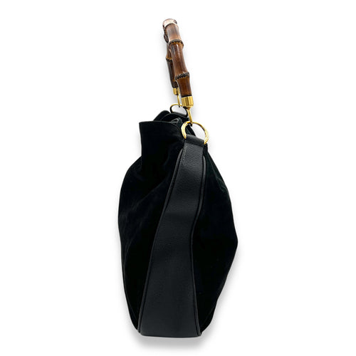 Bamboo Top Handle Bag Black in Suede Leather, Gold hardware