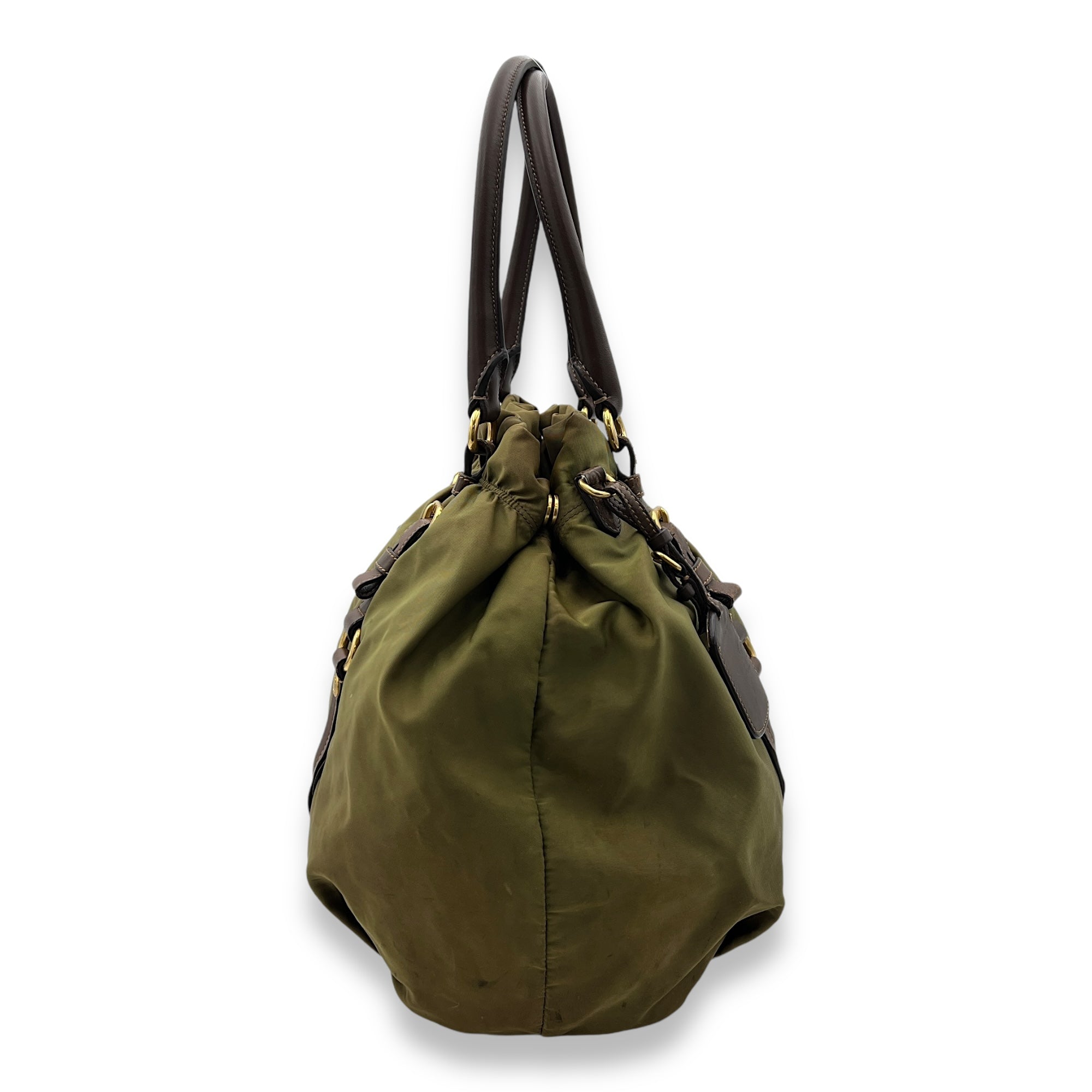 Logo Top Handle Bag Green in Nylon, Gold hardware