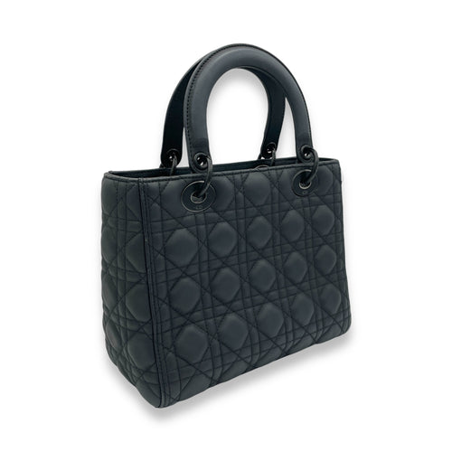 Lady Dior Top Handle Bag Medium Black in Calfskin, black hardware