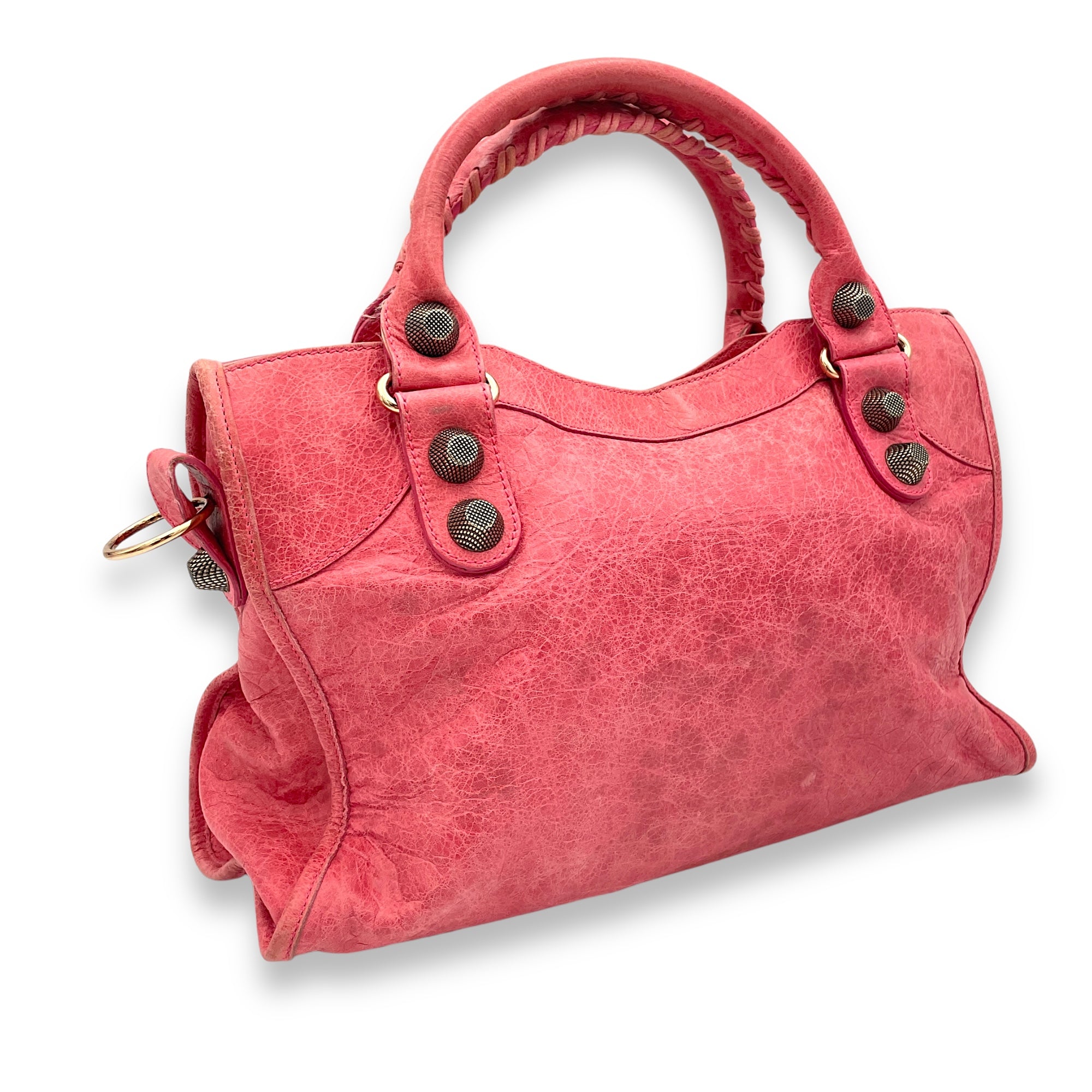 City Medium Pink Top Handle Bag in Distressed Leather, Rose Gold hardware